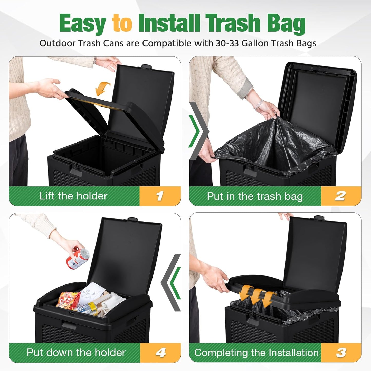 Flamaker 30 Gallon Trash Can, Resin Outdoor Garbage Can with Lid, Waterproof Hideaway Patio Waste Bins for Outside Use (2 Pack, Black)