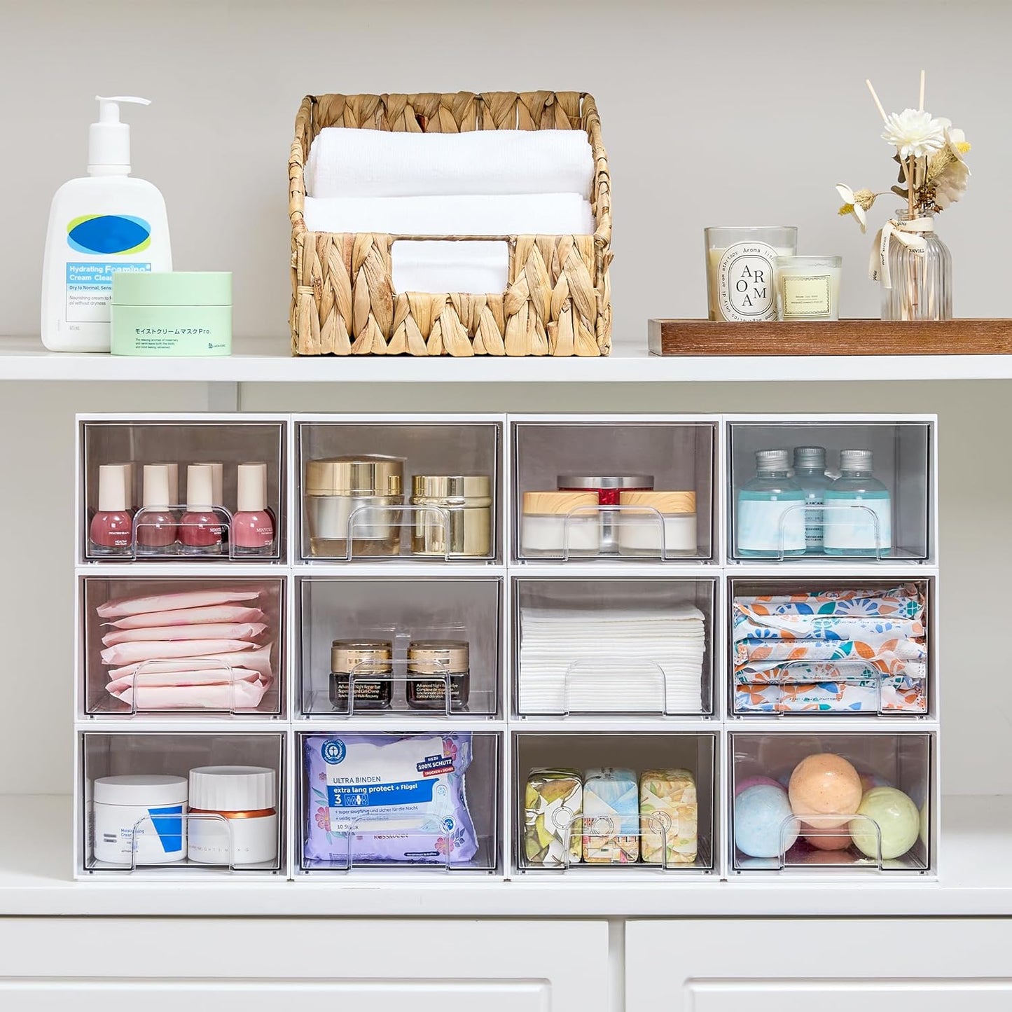 Vtopmart 4Pack Small Stackable Storage Drawer, Bathroom Makeup Organizer,Plastic Storage Bins For Vanity, Undersink, Kitchen Cabinets, Pantry, Home Organization(White)