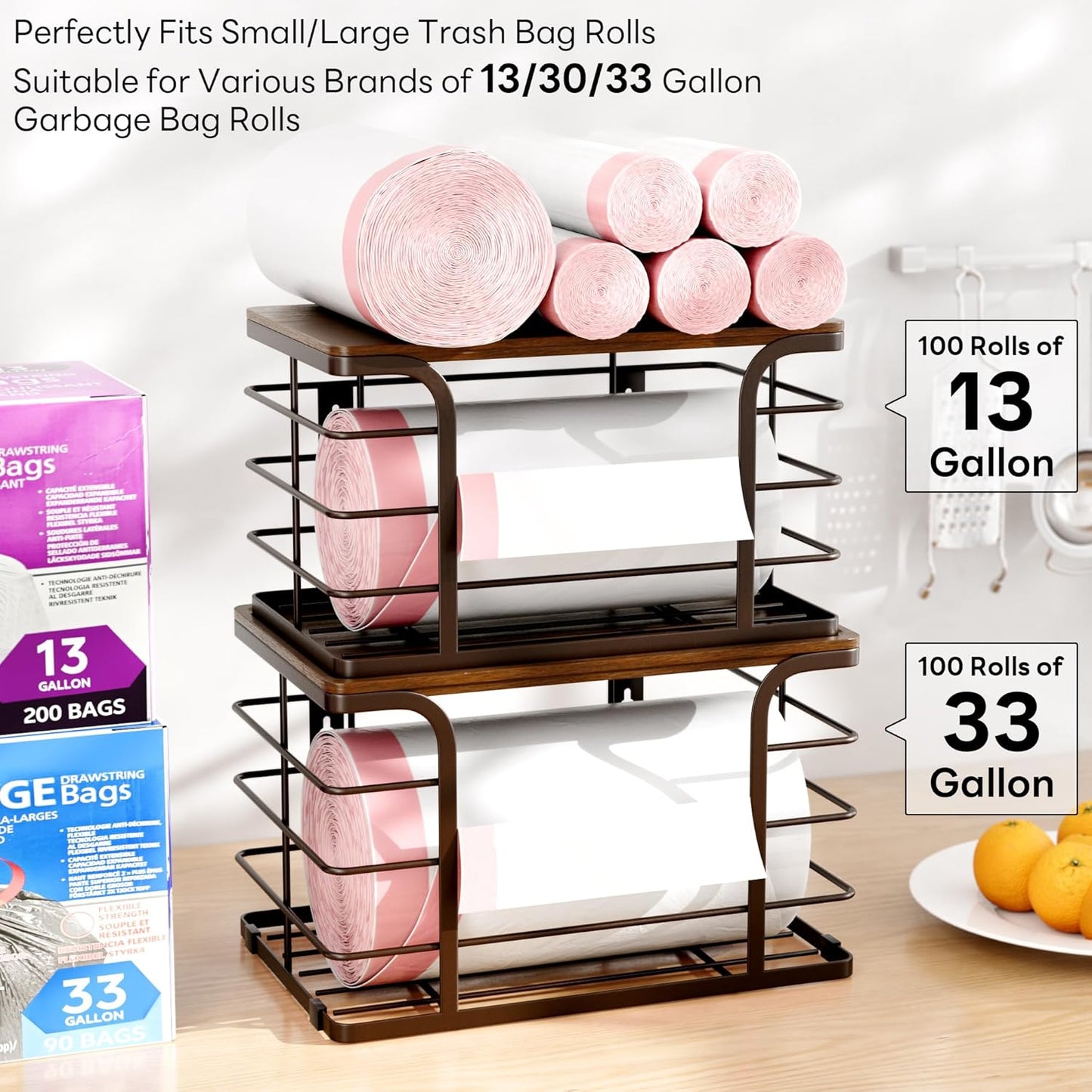 2 Pack Extra Large Pantry Baskets with Bamboo Top,Stainless Steel Trash Bag Dispenser for Kitchen Sink and Laundry Room Organization,Brown