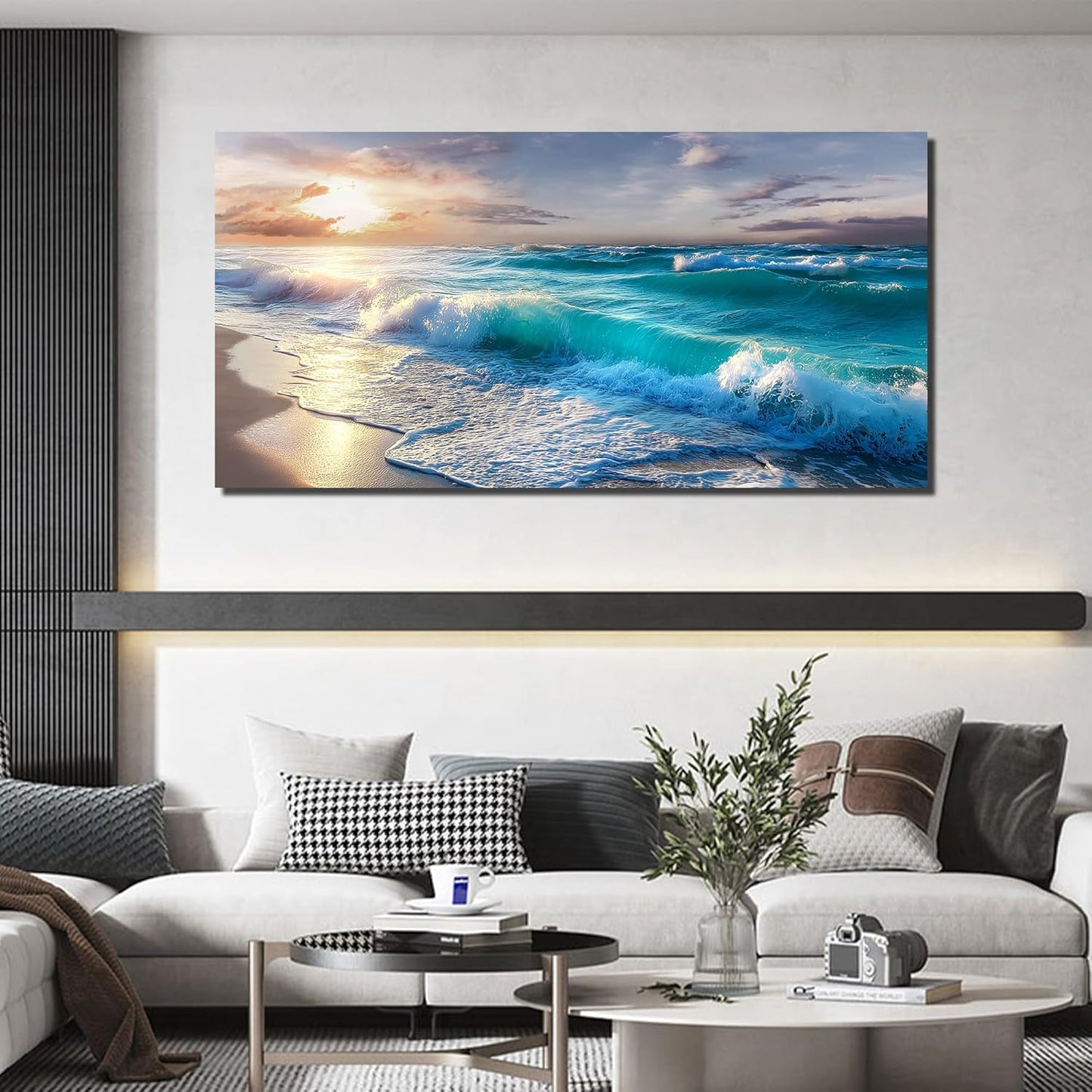 GUGIKA Ocean Wall Art for Living Room, Blue Wave and Large Coastal Beach Canvas Wall-Decor for Bedroom, Gold Sun Scenery Pictures for Hallway Office, Size 59 x 29 Inches