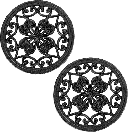 JUXYES 2 PCS Decorative Cast Iron Metal Trivet with Rubber Feet, Vintage Heat Resistant Iron Mat for Hot Dish Pot Pan Plate Teapot, Round Trivet Mat Hot Pot Holder Pads for Kitchen Or Dining Table