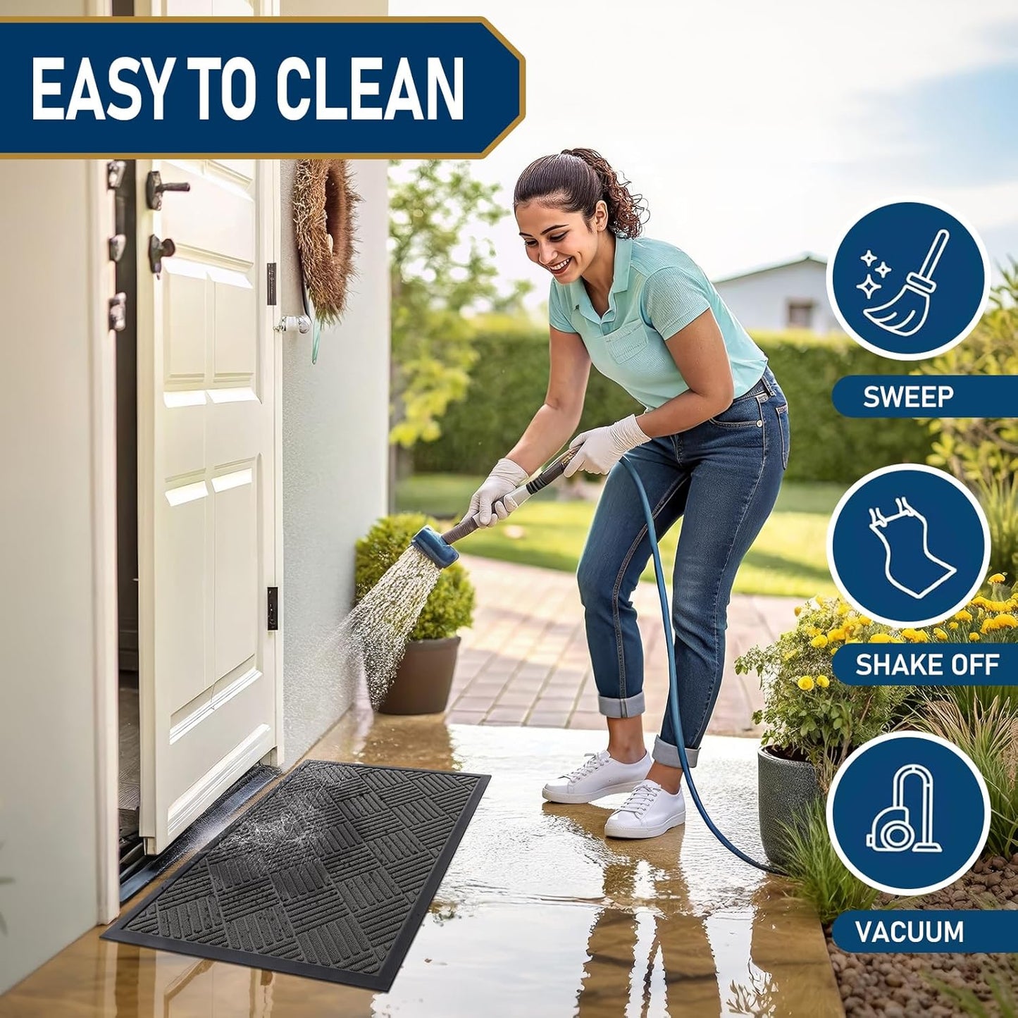 Smiry Front Door Mat Outside Entrance, Heavy Duty Outdoor Indoor Natural Rubber Doormat, Non Slip, Trap Dirt and Moisture, Easy Clean, Low Profile Patio Porch Entryway Mat, 59x23, Grey