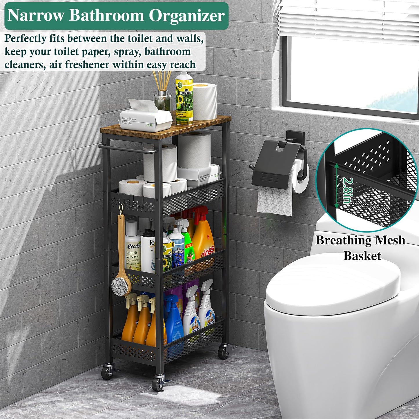 OKZEST 4-Tier Slim Rolling Storage Cart for Bathroom, Laundry Room, Kitchen
