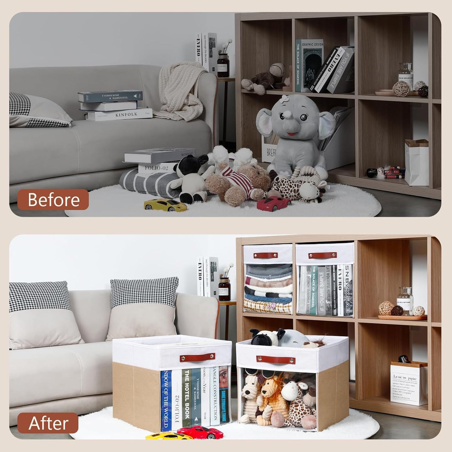 HNZIGE Fabirc Storage Cube Bins 13x13x15 Storage Cube Bins, 4 Pack Foldable Decorative Clear Cube Storage Bins for Cube Organizer Canvas Cubby Storage Organizer Bins for Shelves Pantry- White Beige