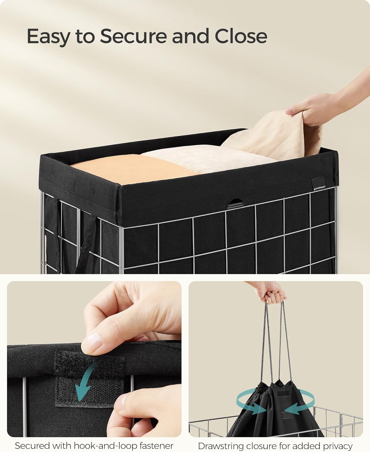 SONGMICS Laundry Hamper, 23.8 Gal. (90L) Laundry Basket, Collapsible Clothes Hamper, Removable and Washable Liner, Metal Wire Frame, for Bedroom Bathroom, Silver and Classic Black ULCB190B01