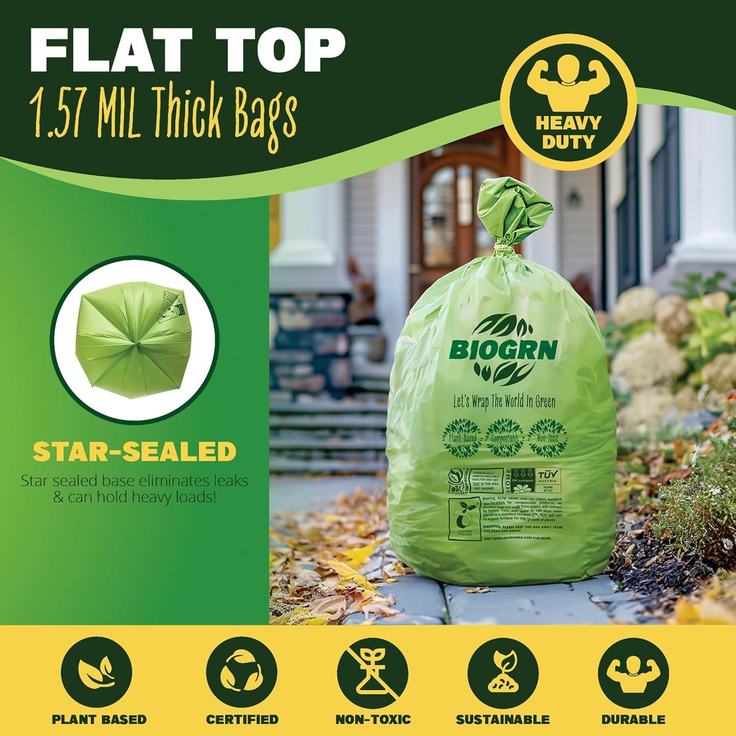 30-33 Gallon Compostable Trash Bags Flat-Top 30 Bags Heavy Duty1.57 Mil, 124.92 Liter Large Lawn and Yard Waste Bag green for Outdoor Garden ASTM D6400, US BPI and OK Compost Home Certified
