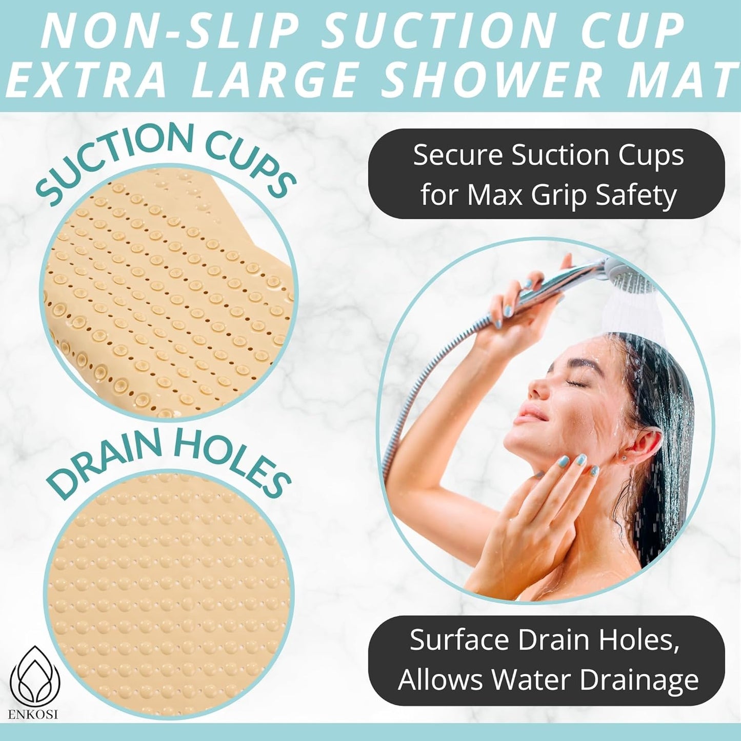 ENKOSI Extra Large Square Non Slip Shower Mat - 31 x 31-inch XL Bathroom Shower Mat - Square Shower Mats for Shower Stall Floors | Secure Suction Cups and Drain Holes (31x31 Beige Opaque)