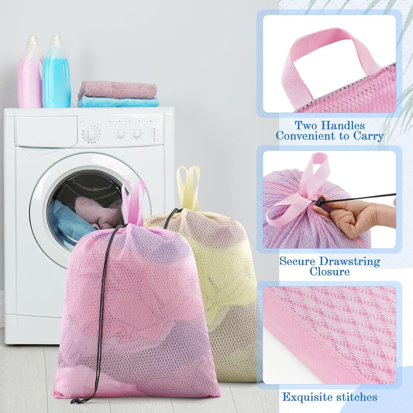 6 Pack 20 x 17 Inches Colorful Mesh Laundry Bag with Handles Machine Washable Secure Drawstring Closure Large Sturdy Mesh Net Laundry for College Travel Dorm Laundromat