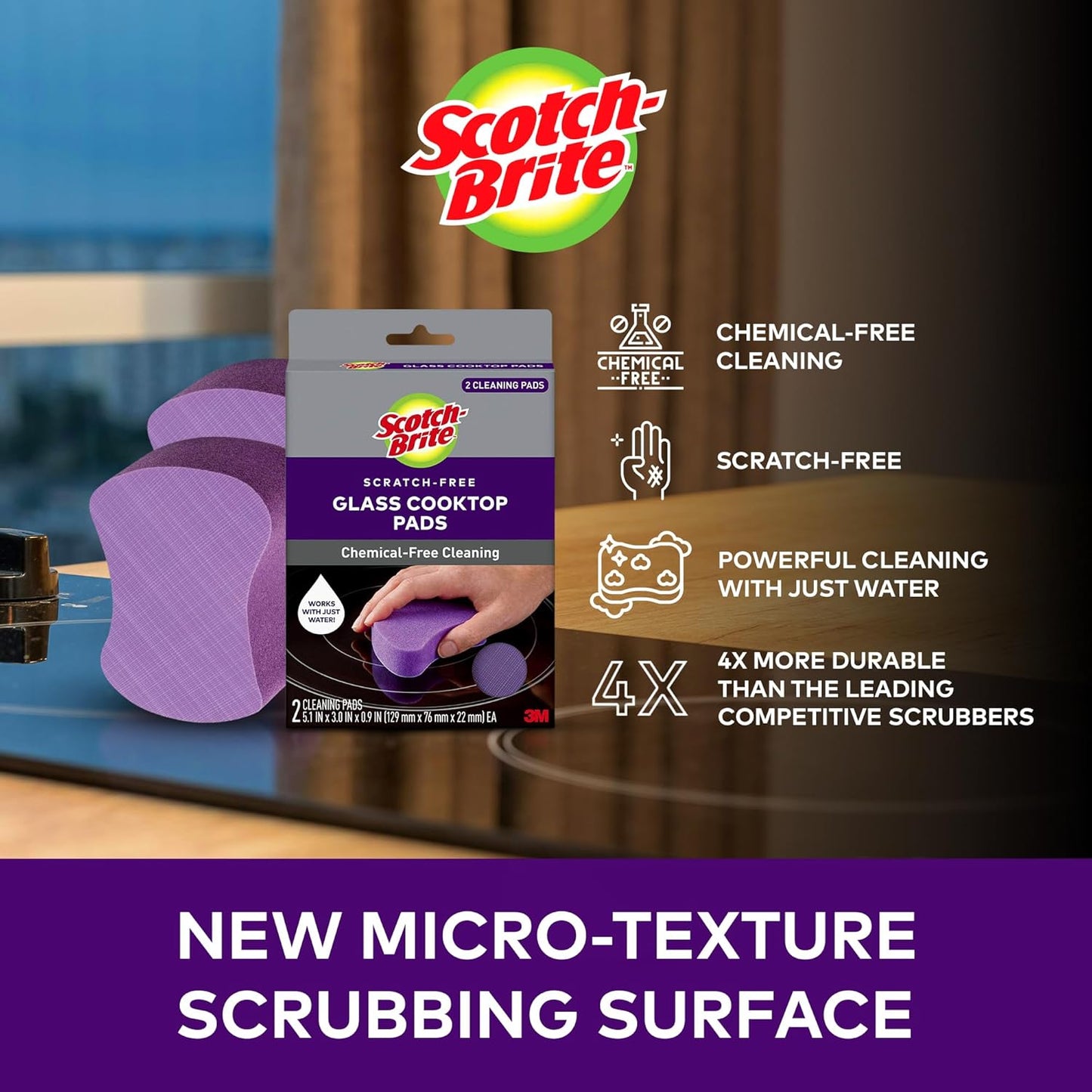 Scotch-Brite Glass Cooktop Pads, Scratch-Free & Non-Abrasive Scrubbers for Glass or Ceramic Stovetops, Cleans Burnt-On Messes with Just Water, Reusable Dishwasher-Safe Design (6 Pads)