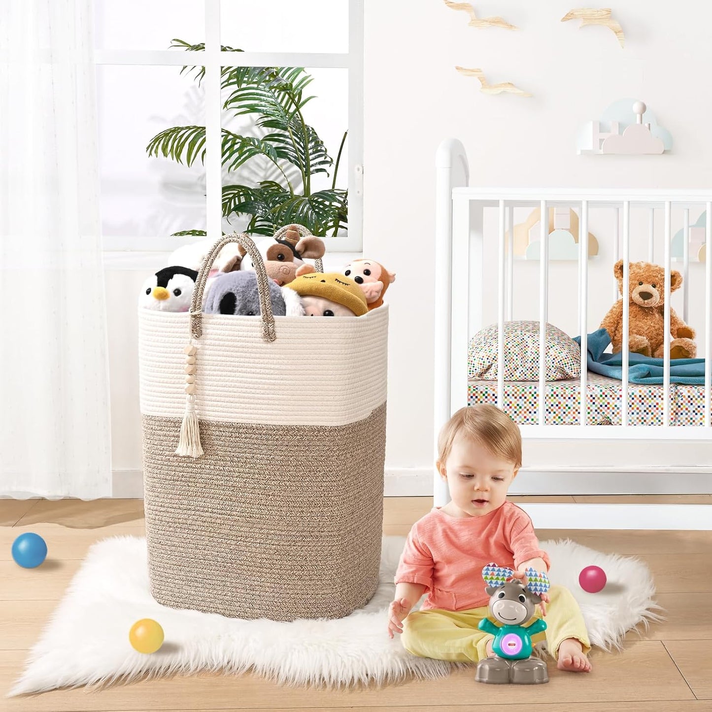 Woven Laundry Basket for Clothes, 80L Large Rectangle Laundry Hampers with Beads Tassel, Nursery Storage Basket for Toys, Tall Dirty Clothes Hamper for Bedroom Aesthetic, Laundry Room Organization