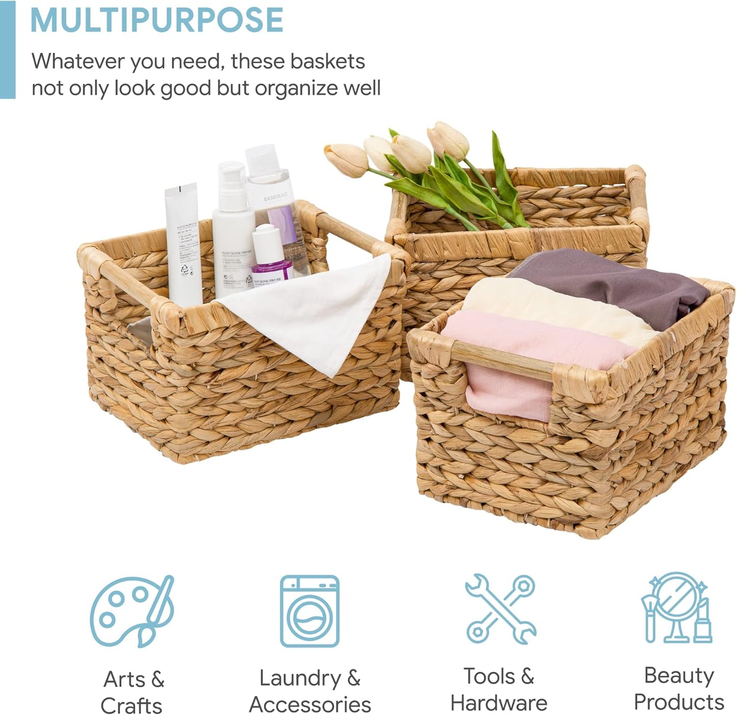 Small Wicker Baskets for Organizing Bathroom, Hyacinth Baskets for Storage, Wicker Storage Basket with Wooden Handle, Decorative Small Basket 10 x 7.5 x 6.3 inches - 3 Pack