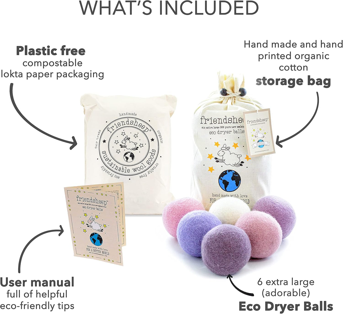 Friendsheep Wool Dryer Balls Organic Lavender 6 Pack XL Premium Reusable Cruelty Free Handmade Fair Trade No Lint Fabric Softener Color - Lavender Bliss