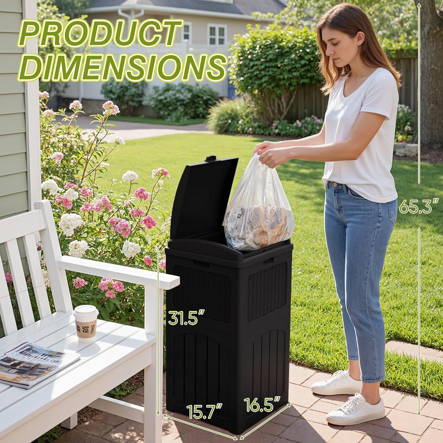 Greesum 33 Gallon Outdoor Trash Can with Lid, Waterproof Resin Garbage Bin for Hideaway, Deck, Patio, 3 Pack, Black