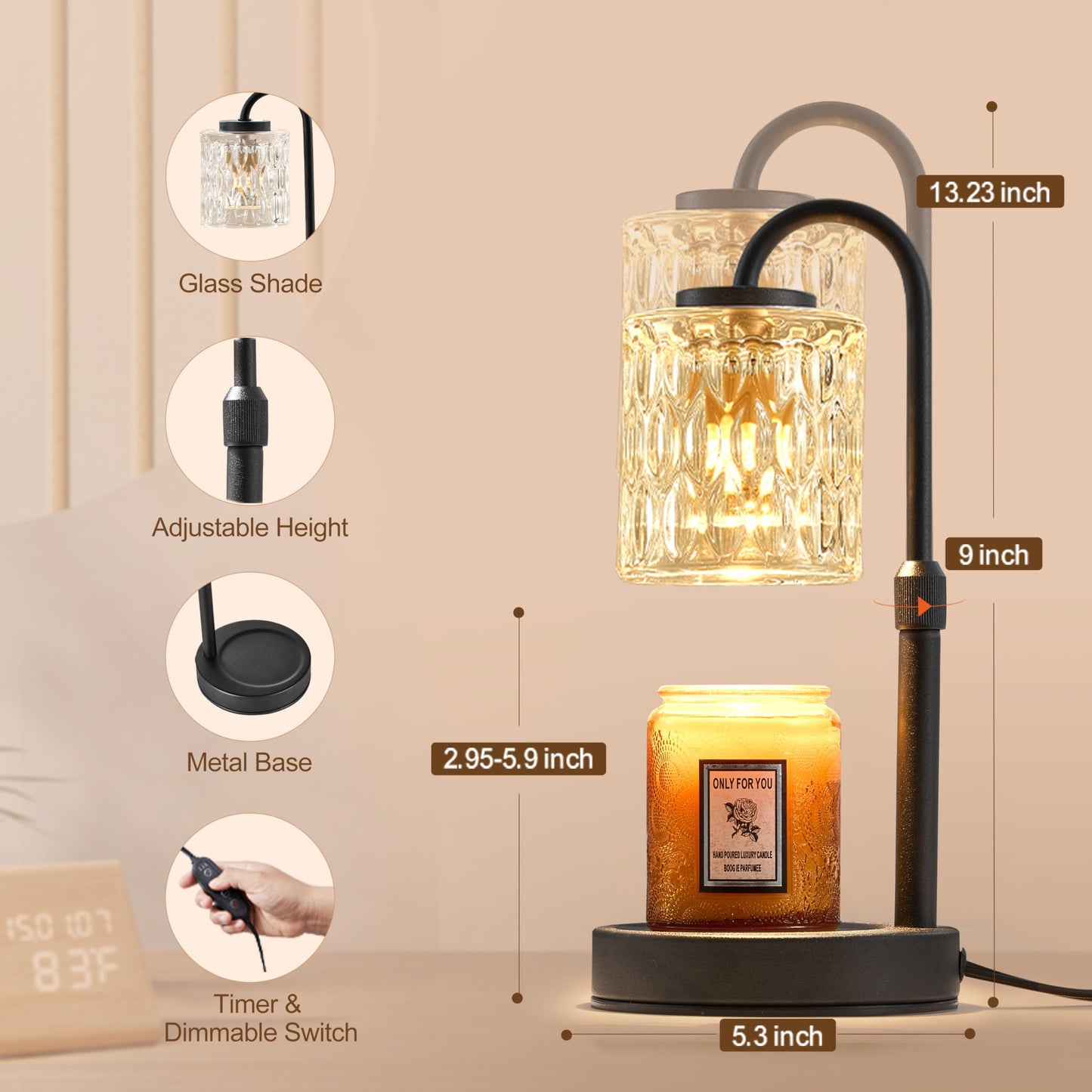 CASTLELIFE Dimmable Candle Warmer Lamp with Timer, Height Adjustable Candle Warmer for Jar Candles