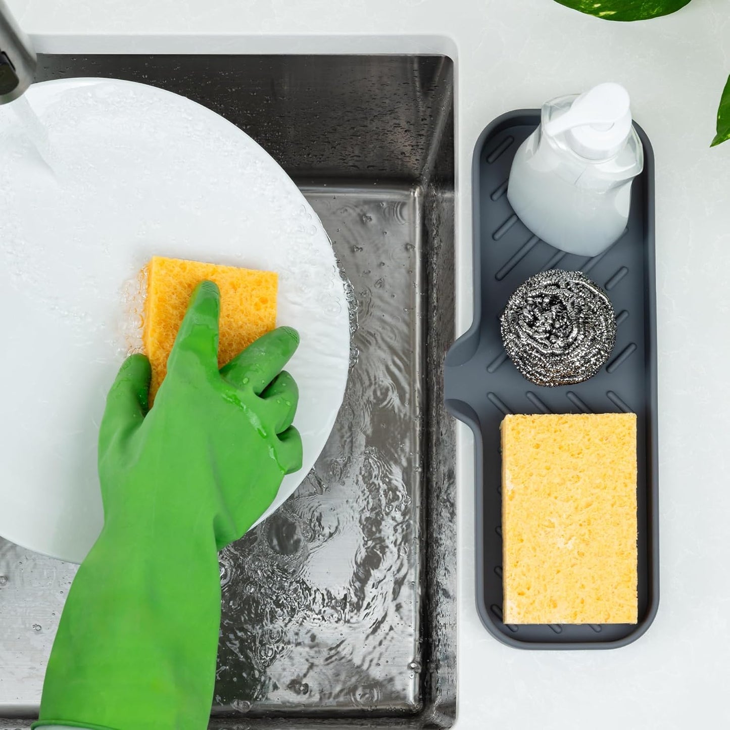 Zulay Large Silicone Sponge Holder (12x4) – Flexible Sink Organizer Tray for Kitchen & Bathroom – Multipurpose Soap Dish for Sponges, Makeup, Trinkets & More (Grey)