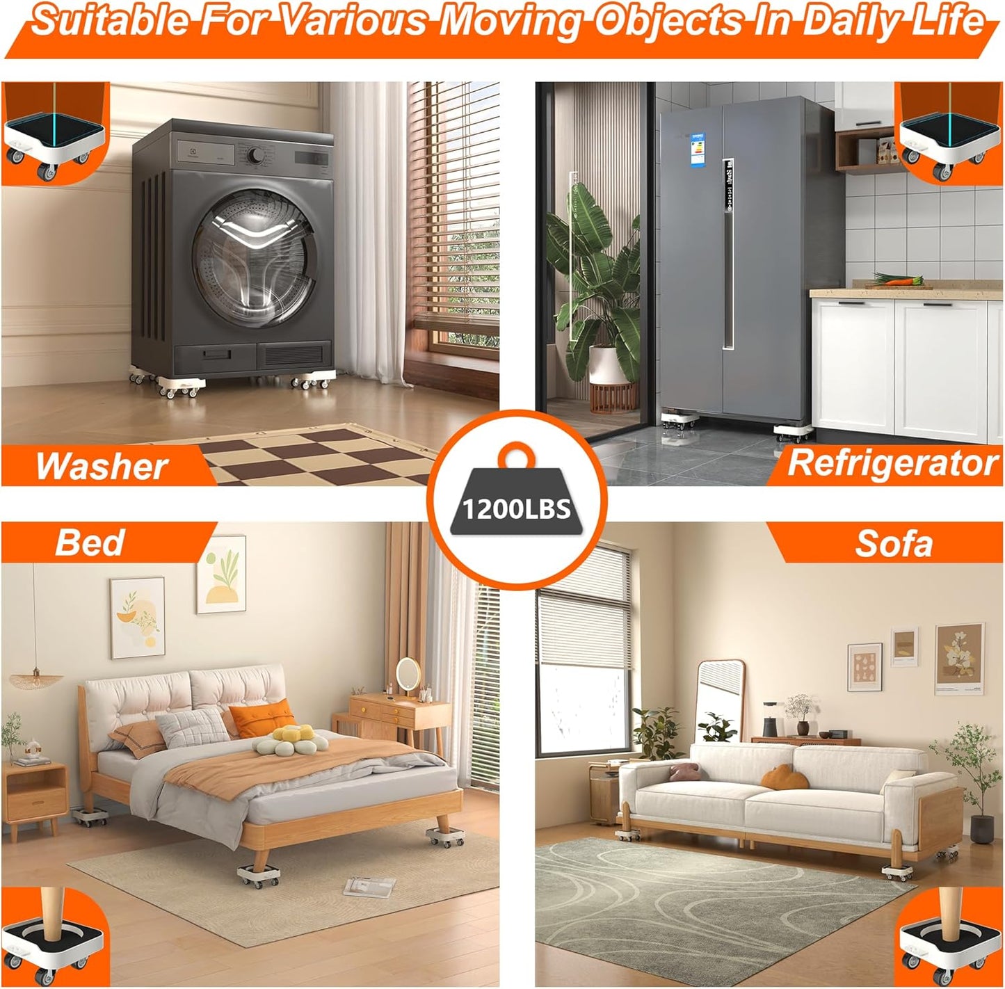 MUEA Furniture Dolly,Heavy-Duty Furniture Movers with Removable Center Pad,Non-Slip L-Edge & TPR Wheels,Moving for Round/Flat Leg Furniture–Includes Pry Bar,Gloves,Mat and Storage Bag(1200LBS)