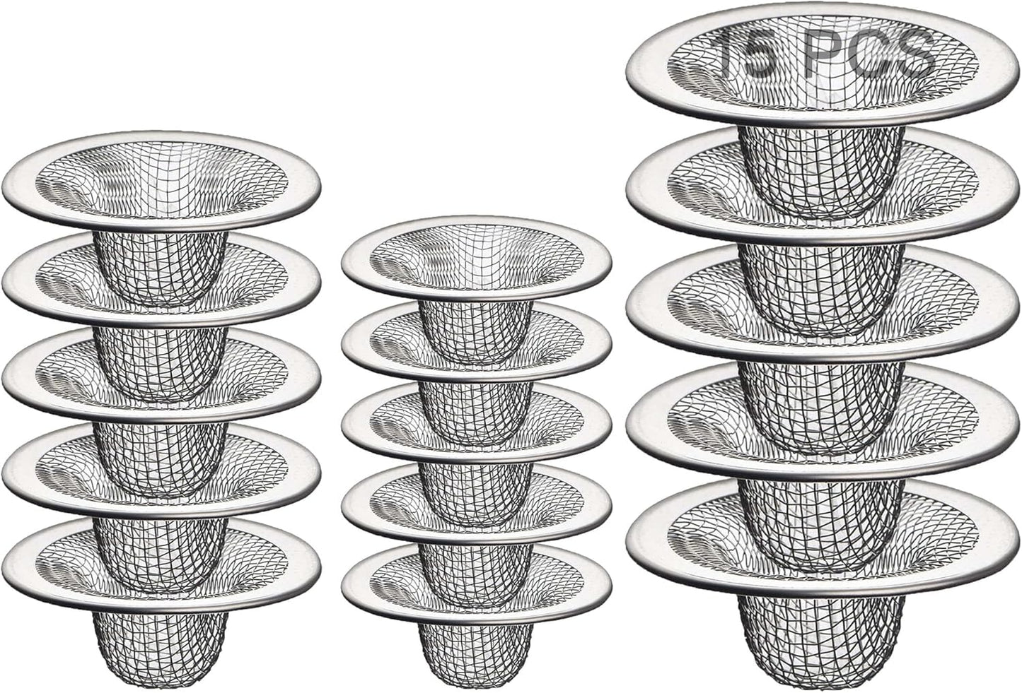 Bathroom Mesh Sink Drain Strainer Screen, 15PCS Drain Mesh Basket Cover Stainless Steel Slop Basket Filter Trap Tub Drain Screen Hair Catcher for Shower Utility Drain (2.125''&2.75"&4.41'')