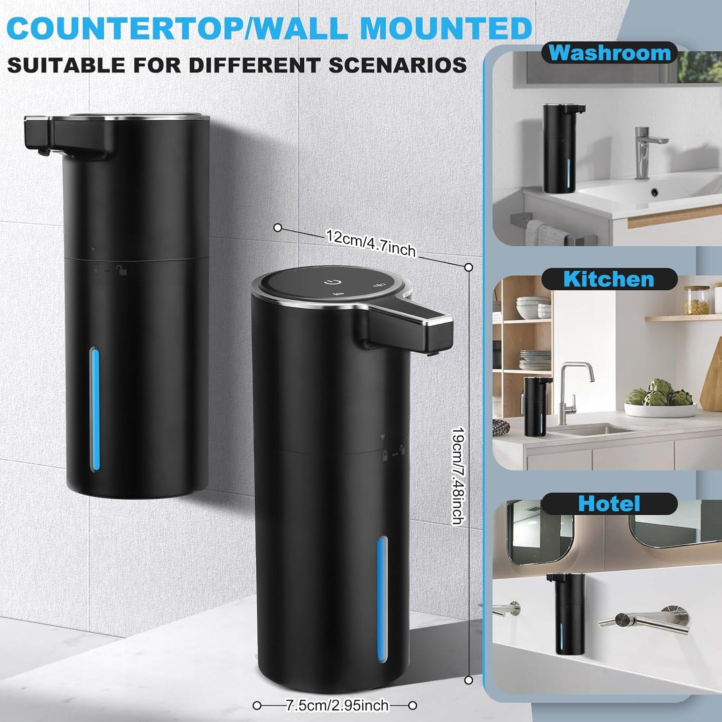 Automatic Soap Dispenser Liquid Touchless: 13.52oz/400ml Wall USB Rechargeable - 4-Level Adjustable Modern Electric Hand Soap Dispenser - Kitchen Bathroom Kids Family Black