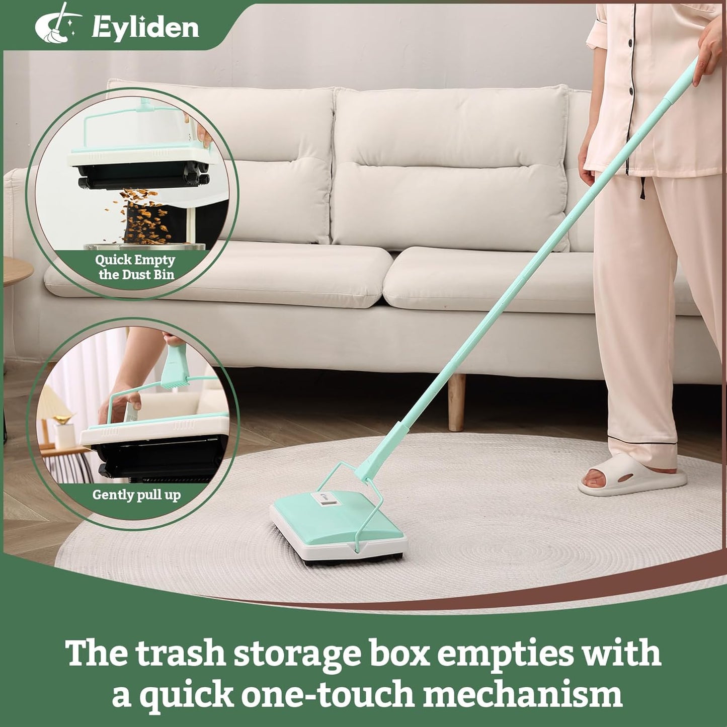 Eyliden X-Large Carpet Sweeper - Quiet Manual Sweeper for Carpets & Rugs | 1 Extra Refill Roller Brush | Non-Electric, Hand Push, Quietly Cleans Debris and Messes, Restaurant Roller Broom (Mint)