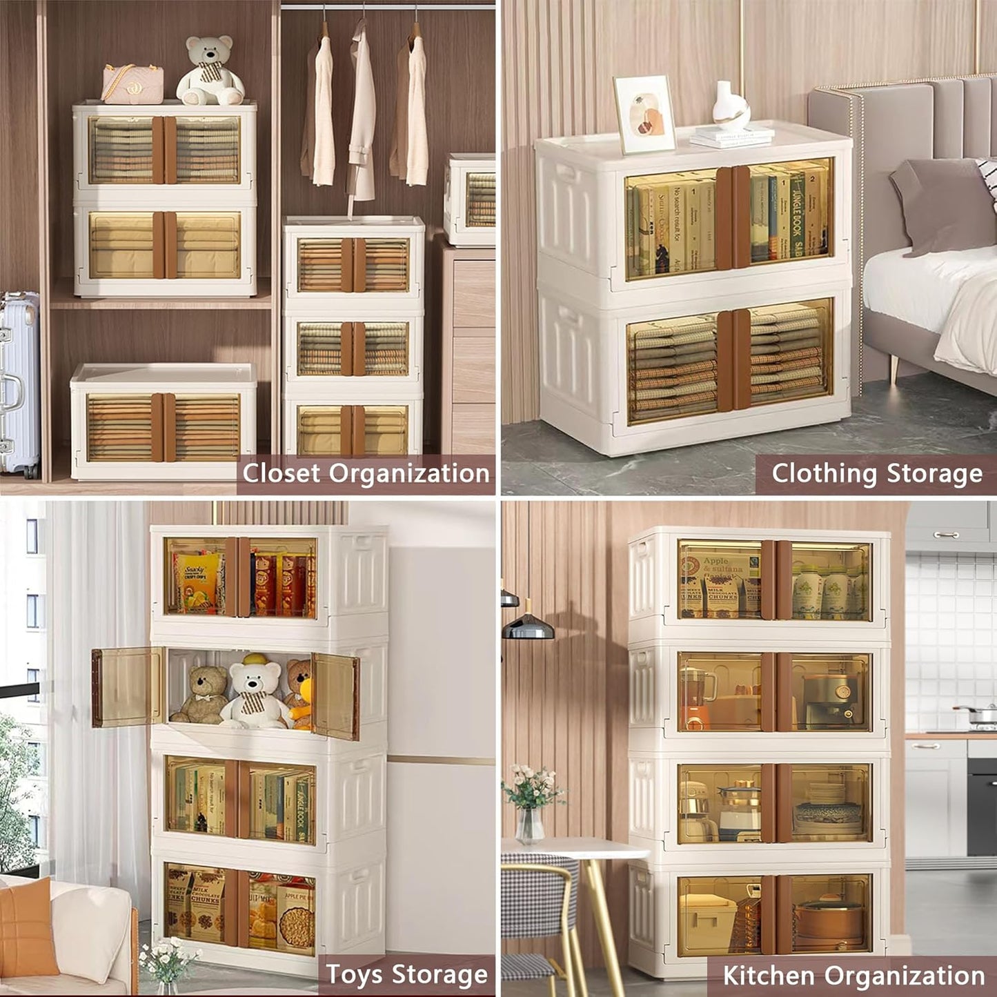 19Gal Collapsible Storage Bins with Lids & Wheels - 4 Pack Stackable with Doors, Heavy-Duty Plastic Cabinet for Home/Office, Milk White