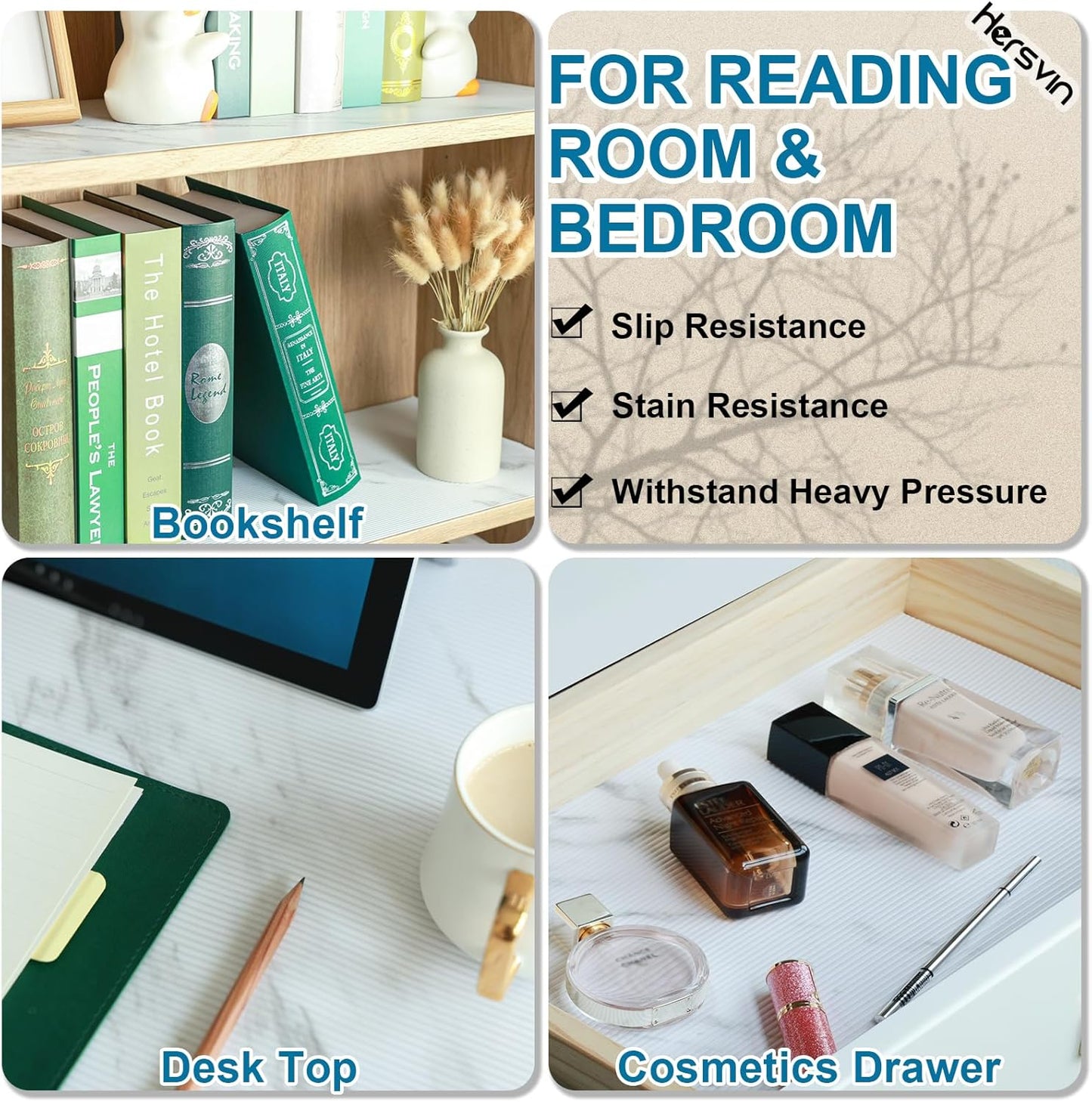 Shelf Liners 24 in x 20 ft EVA Drawer Mats, Non-Adhesive Cupboard Protector, Kitchen Cabinet Lining Fridge Liner (White Marble Stripe, 61x610cm)