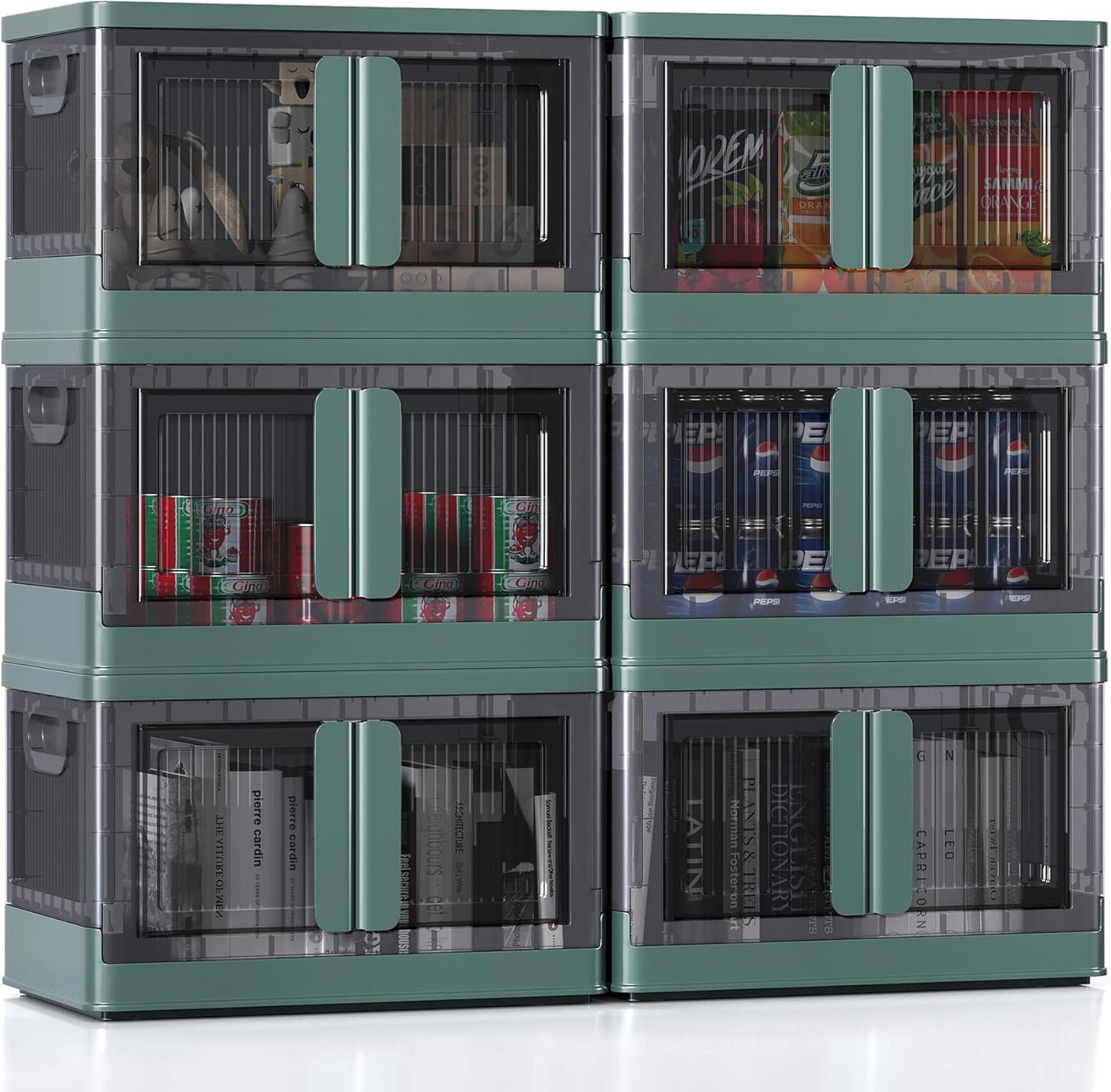 8.4Gal Collapsible Storage Bins with Lids & Wheels - 6 Pack Stackable with Doors, Heavy-Duty Plastic Containers for Home/Office, Green