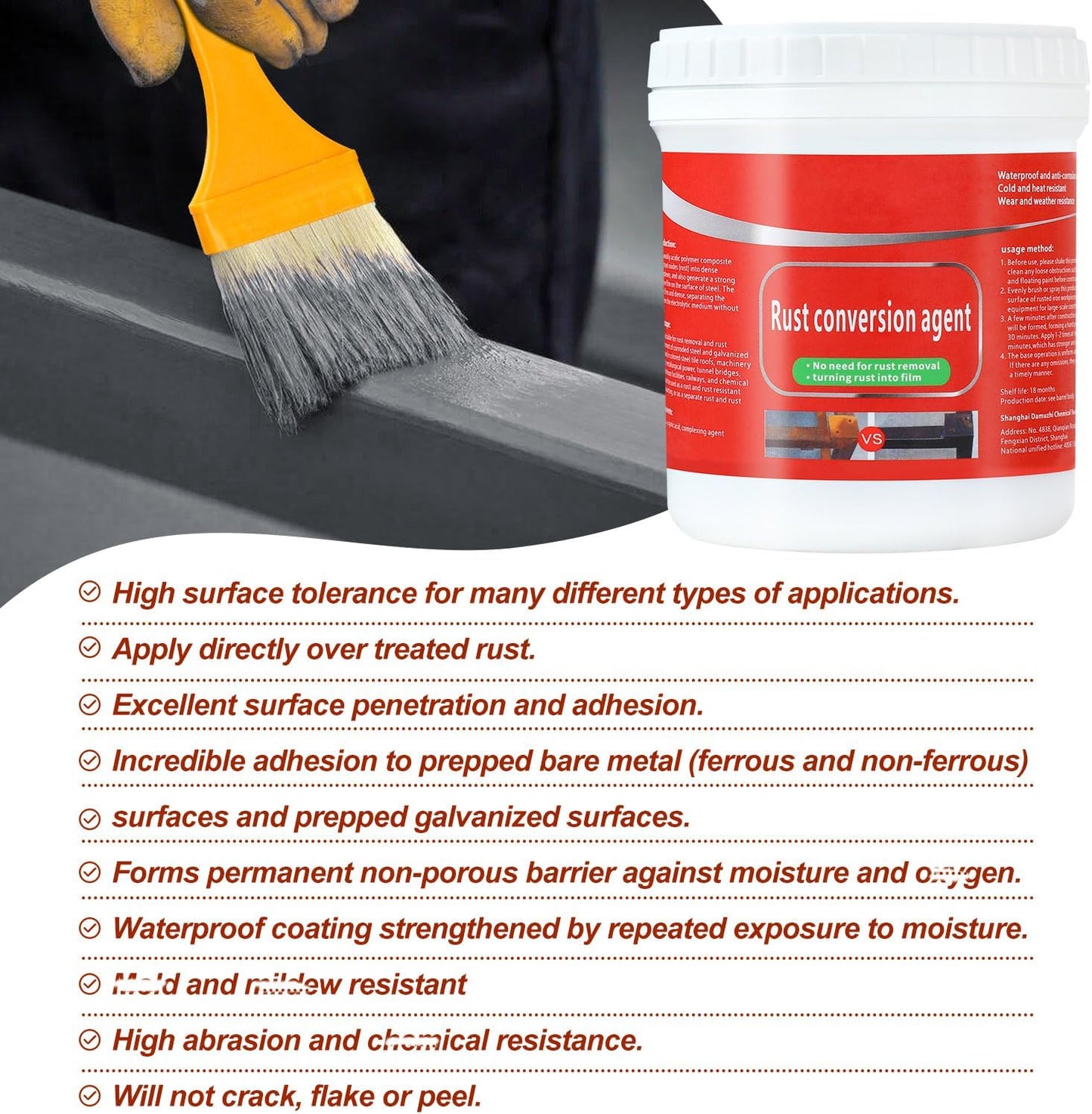Water-Based Metallic Paint,Rust Removal Converter Metallic Paint,Rust Remover Converter for Metal, Car Anti Rust Paint Chassis Universal Rust Removal Converter with Brush (White)