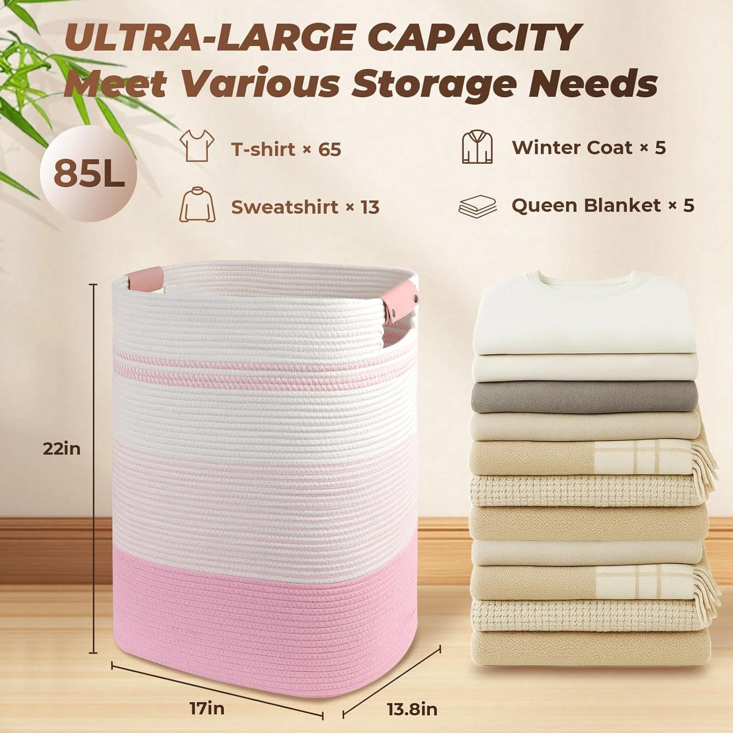 Laundry Basket with Handles - Blanket Basket & Hampers for Bedroom Aesthetic, Laundry Hamper & Blanket Storage for Living Room, Clothes Hamper, Tall, Large 17" x 14" x 22”, Pink & White