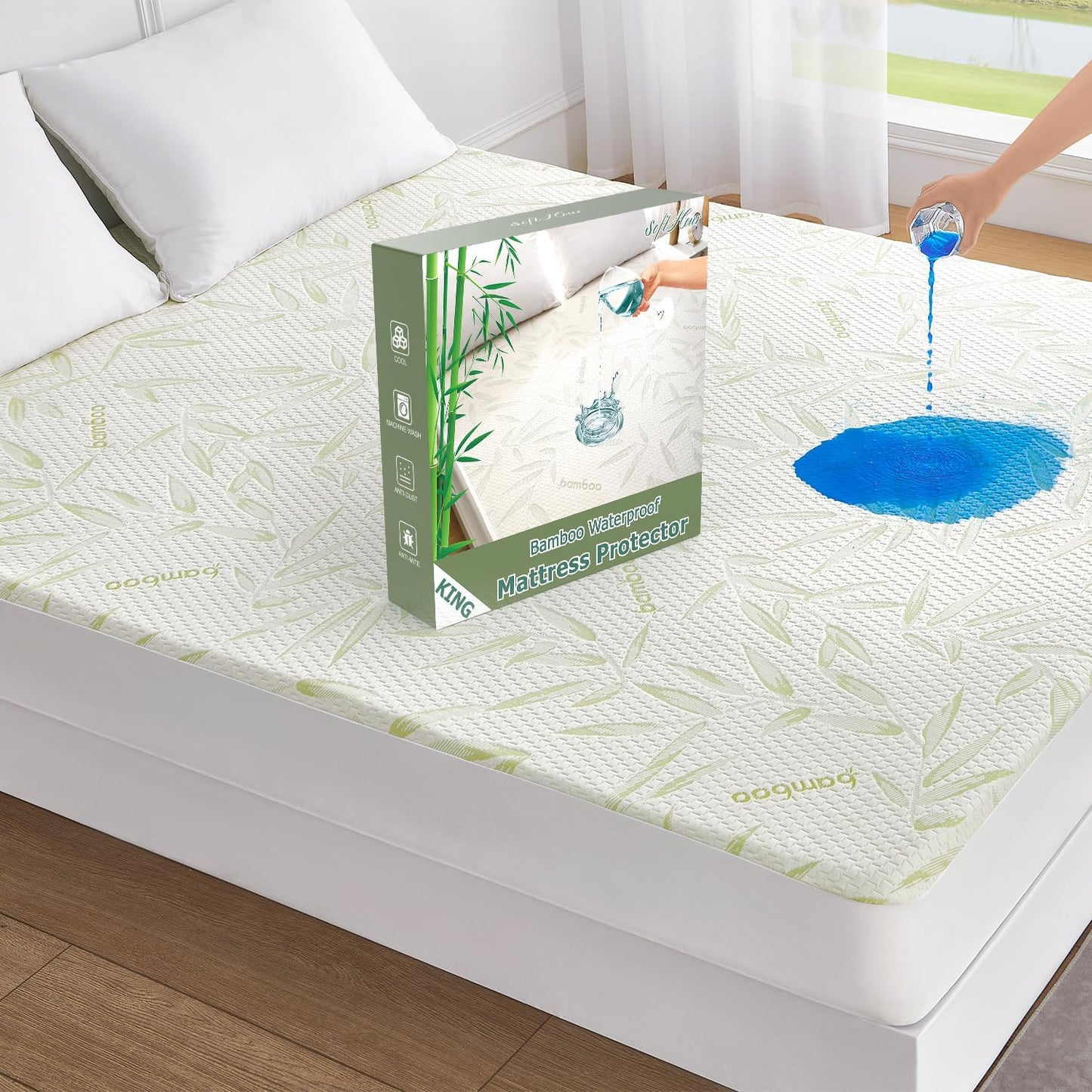 King Mattress Protector Waterproof Mattress Pad Washable Bamboo Rayon Mattress Cover Breathable Noiseless Bed Protector 5" - 21'' Elastic Fitted Deep Pocket