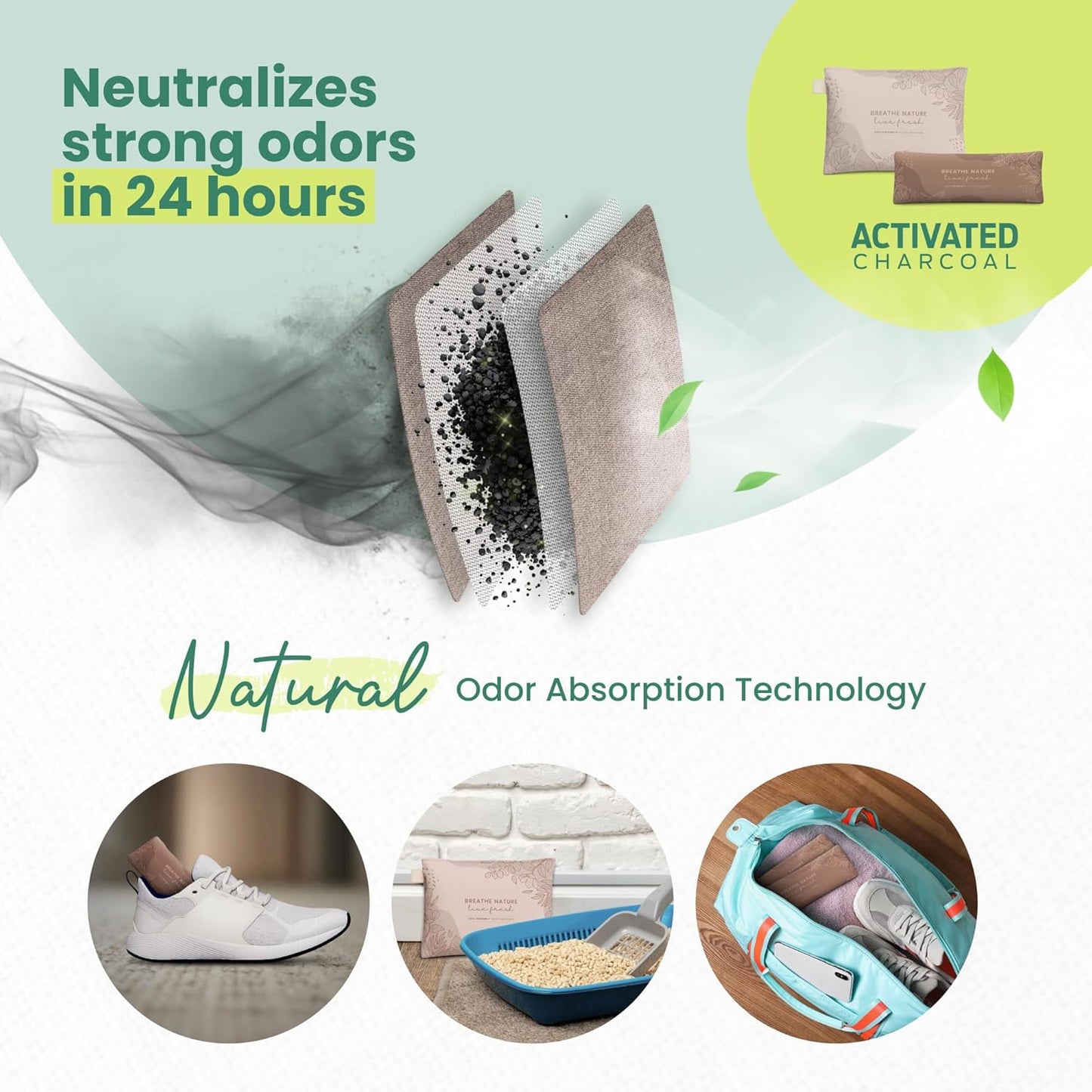 Roonin Activated Charcoal Odor Absorber - Bamboo Charcoal Air Purifying Bag - Activated Charcoal Bags Odor Absorber Packets - Home Deodorizer Odor Eliminator (6-pack)