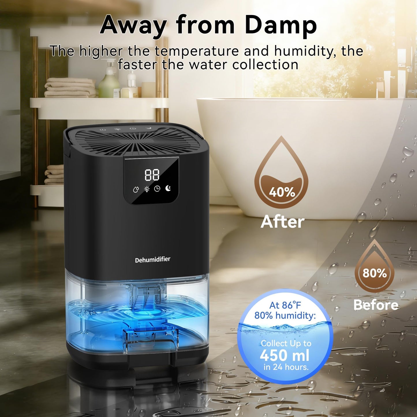 Dehumidifier,35OZ（350sq ft）Small Dehumidifier for Home, Screen Display Quiet with Auto Shut