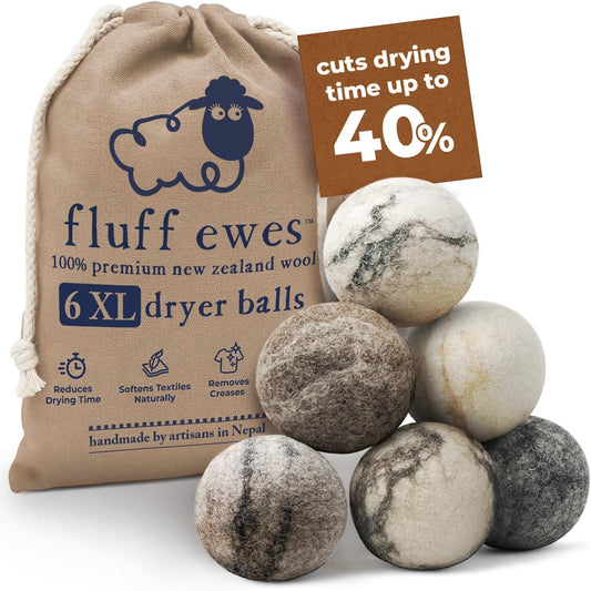 Fluff Ewes Wool Dryer Balls 6 Pack Premium New Zealand Wool Laundry Balls for Dryer, No Static Dryer Balls Laundry Reusable Cute, XL Wool Dryer Balls Cute, Baby Dryer Balls for Dryers - Marble