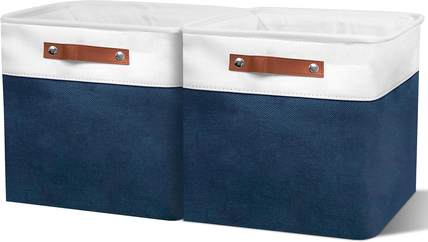 13in Open Fabric Storage Basket with Leather Handles for Organizing, Collapsible Linen Closet Bins for Shelves, Closets, Laundry, Decorative Basket for Gifts. (White＆Blue, 2PCS/13x13in)