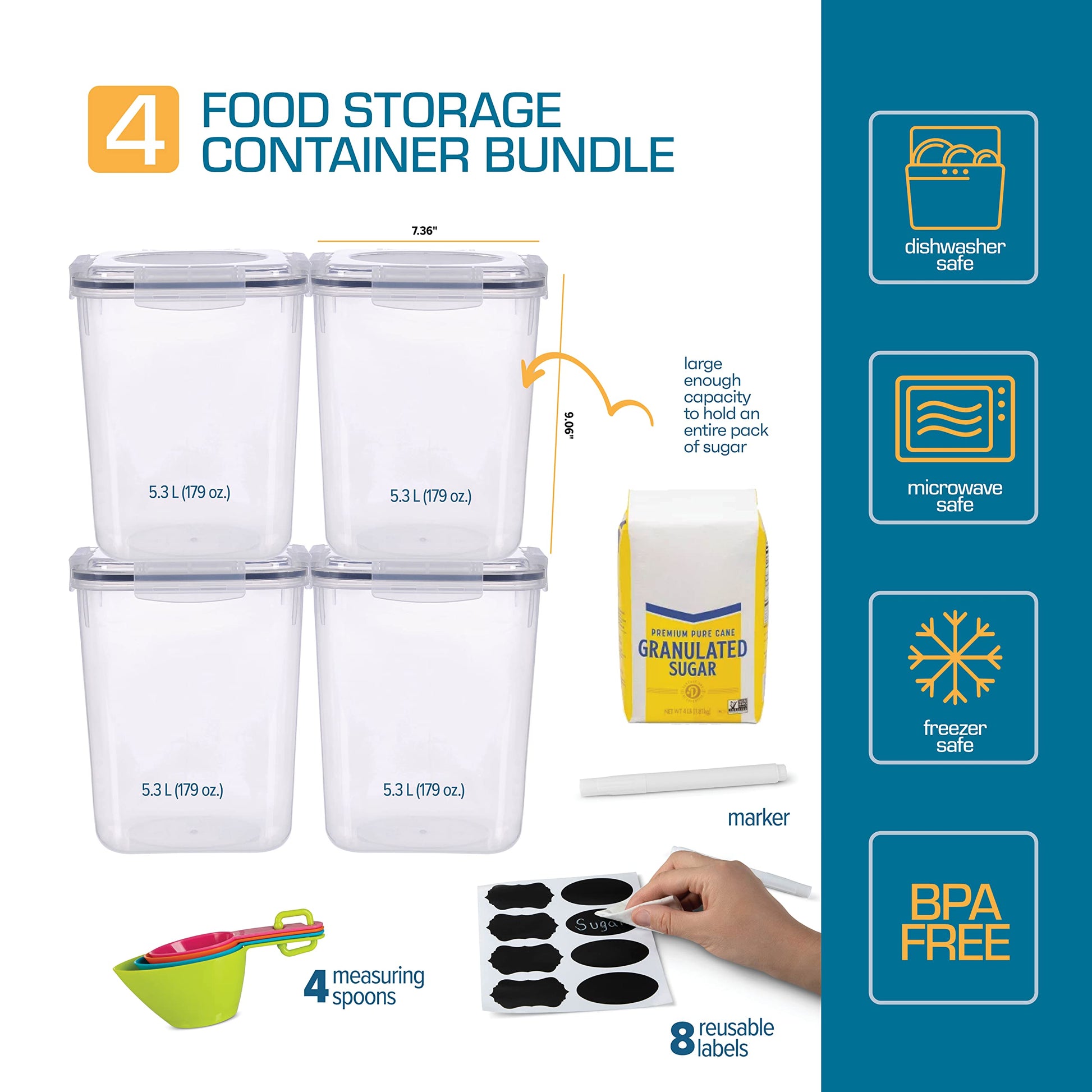 Storeganize Flour Sugar Storage Containers (5.3L/4pk) Great Rice Canisters Sets For The Kitchen