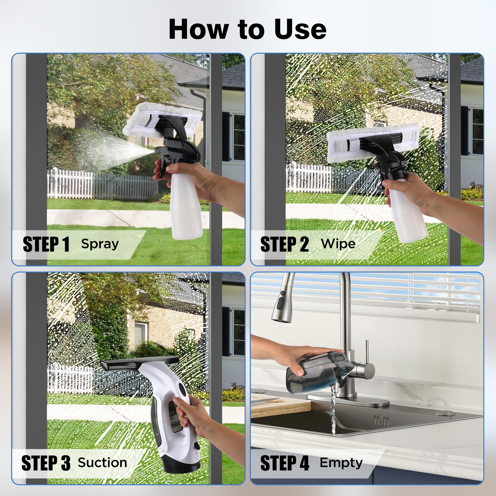 ZRHI Window Vacuum Squeegee Cordless, 2000Pa Electric Window Cleaner Tool with 2200mAh & 150ml