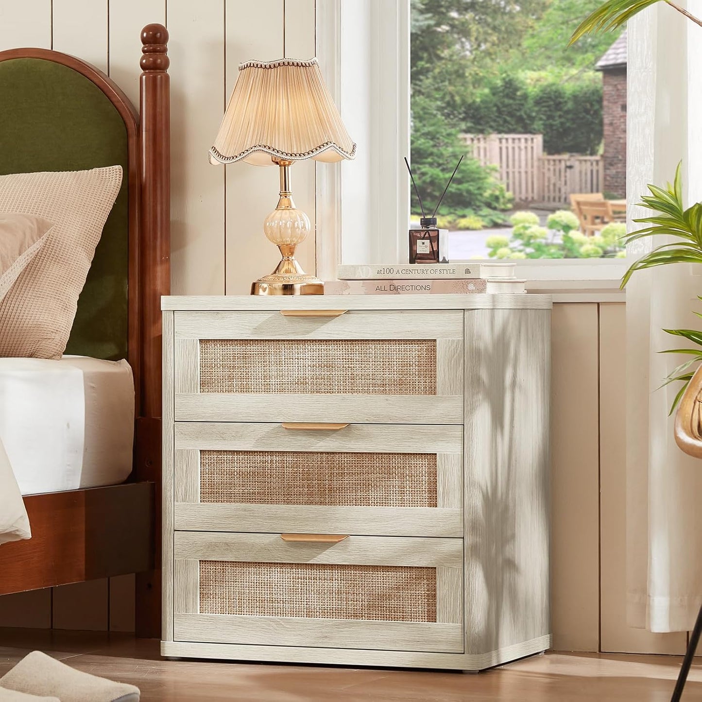 LEYAOYAO Rattan Night Stand with Drawers, 23" Large 3 Drawer Boho Nightstand, Grey White Bedside Table Storage Cabinet, Bed Side End Tables Dresser for Bedroom, Living Room, Hallway, Closet