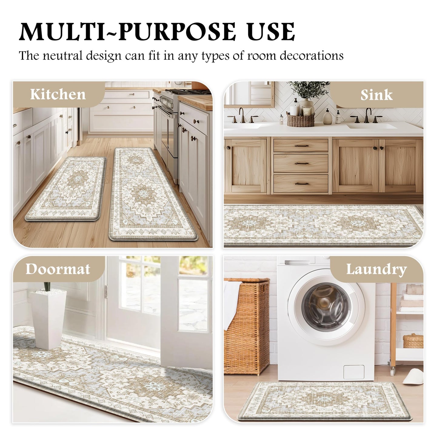 Boho Kitchen Mats for Floor 2 Piece Set Anti Fatigue Cushioned PVC Kitchen Rugs Non Slip Waterproof