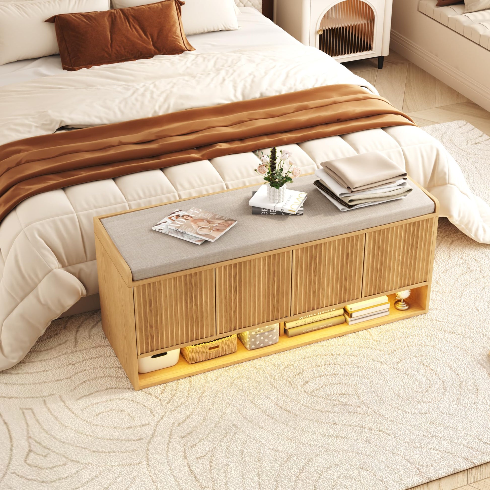 HOMEFORT 47.2" Fluted Shoe Storage Bench, Entryway Bench with Linen Seat Cushion, Shoe Cabinet
