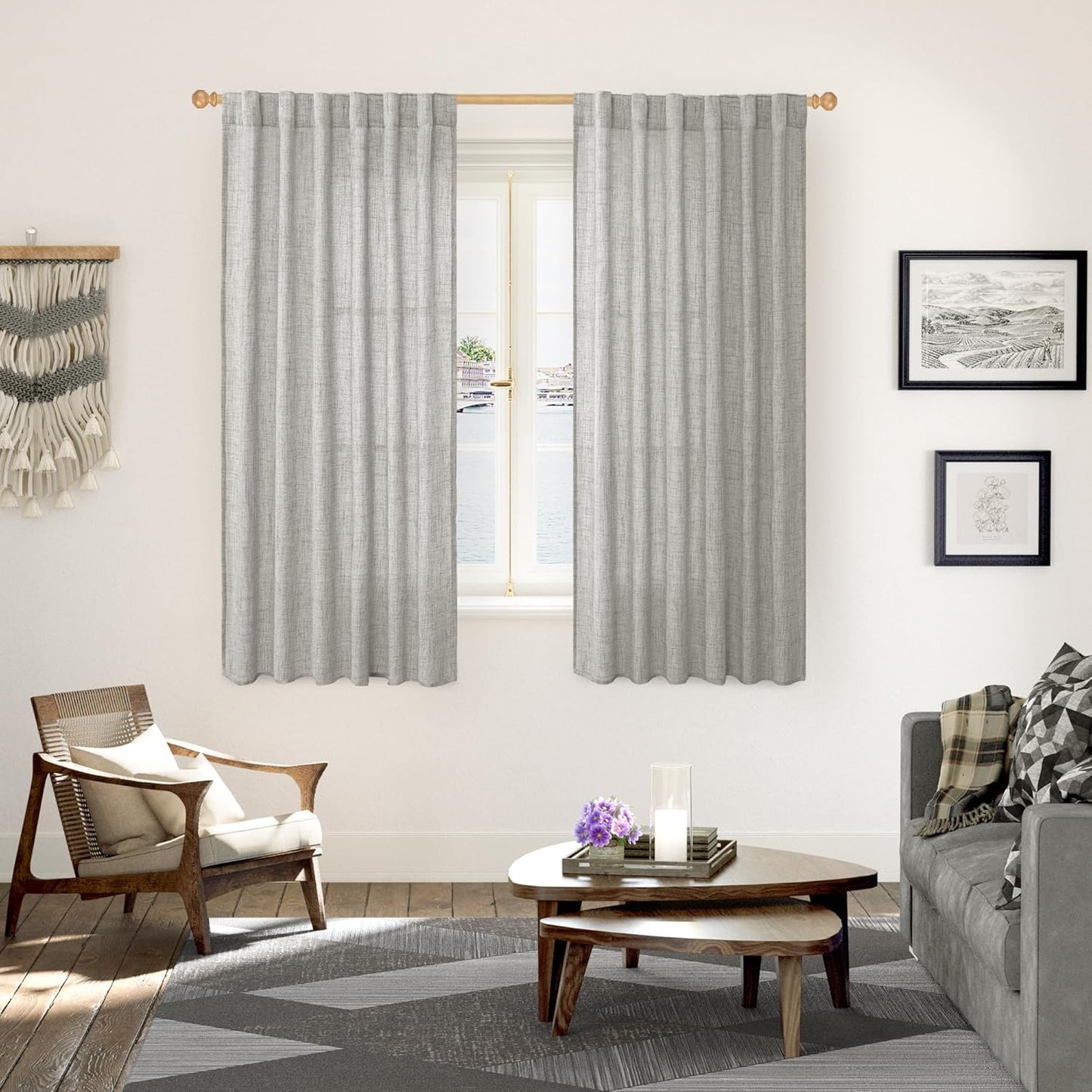 YoungsTex Dark Grey Linen Curtains 63 Inch Length 2 Panels for Living Room, Light Filtering Semi Sheer Drapes Back Tab/Rod Pocket for Bedroom Country Lightweight Window Treatments, 52 X 63 Inch
