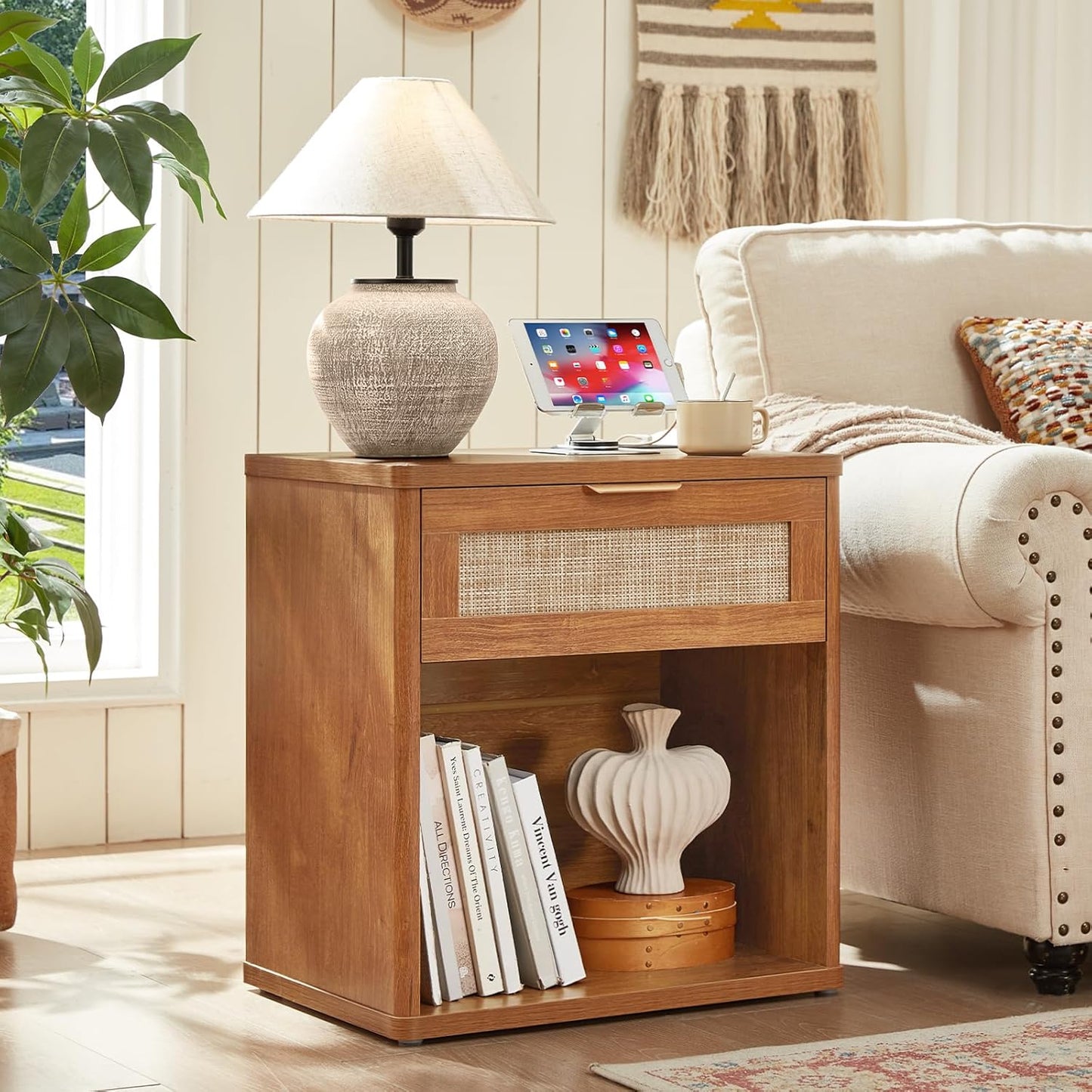 LEYAOYAO Rattan Nightstand with Charging Station, 23" Wide Boho Night Stand with Drawer, Natural Wood Bedside Table Open Storage Cabinet, Bed Side End Tables Dresser for Bedroom, Living Room, Hallway