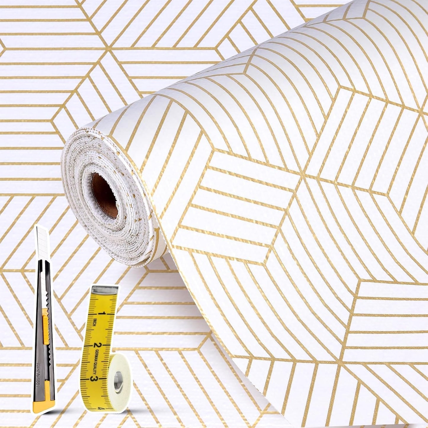 Shelf Liners for Kitchen Cabinets 11.8 x 236.2In Non Adhesive Shelf Liner Paper Non-Slip Thickened Drawer Liner Easy to Clean for Tool Box Refrigerator with Knife and Tape Measure, Gold Geometric