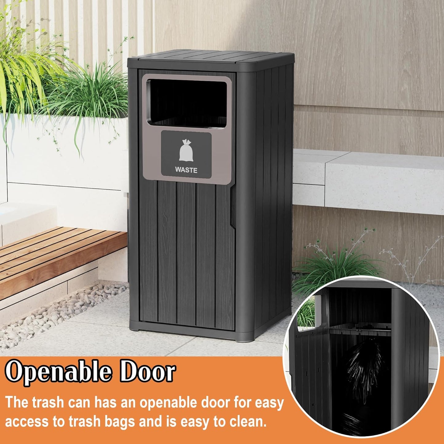 ROJIK 35" Tall Outdoor Trash Can,Weatherproof Resin Garbage Indoor Durable Lightweight,Suitable for Patio Office Kitchen,Easy to Clean,Assemble(Waste, Black)