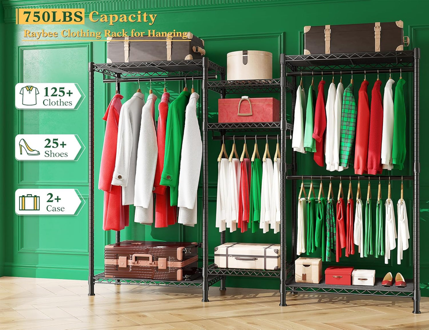 Raybee Clothes Rack, 725 LBS Clothing Rack Adjustable Clothing Racks for Hanging Clothes Metal Wire Garment Racks Sturdy Clothes Rack, 77" H x 70.5" W x 13.8" D, Black