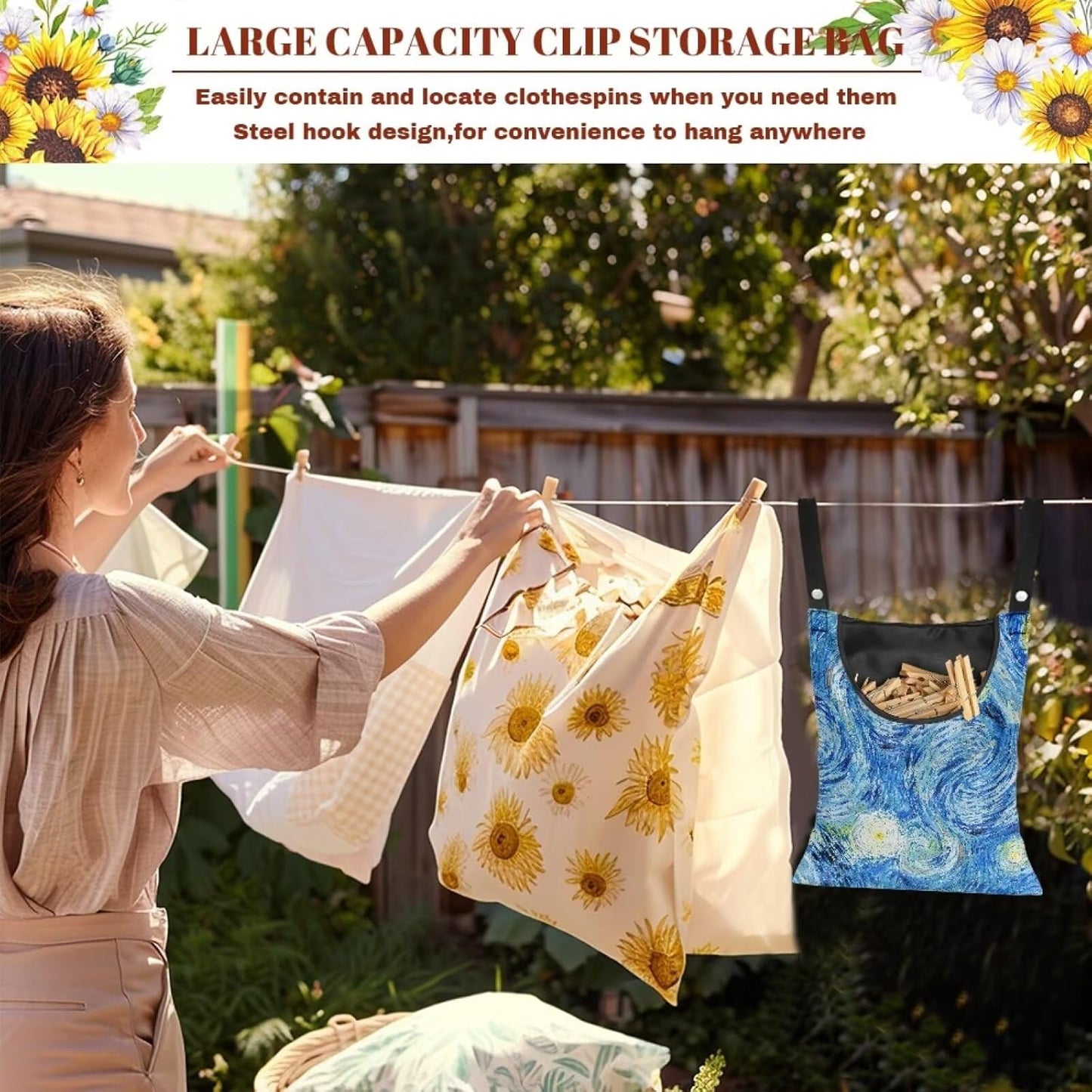 Clothes Pin Bag Clothespin Storage 14.5x12in - Creative Starry Night Print Oversized Windproof Bag with Reinforced Stitching - Heavy Duty Hanging Organizer for Frequent Laundry Use