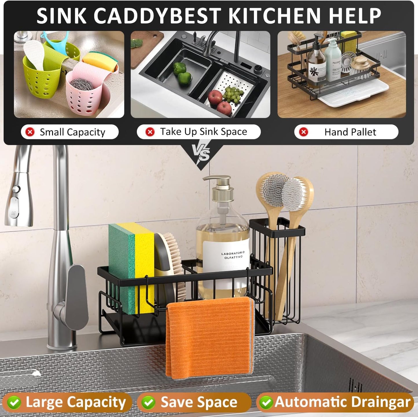 Sponge Holder & Sink Caddy Organizer - Rustproof Kitchen Sink Organizer with High Brush Holder - Kitchen Essentials Countertop Storage Organization (Black)