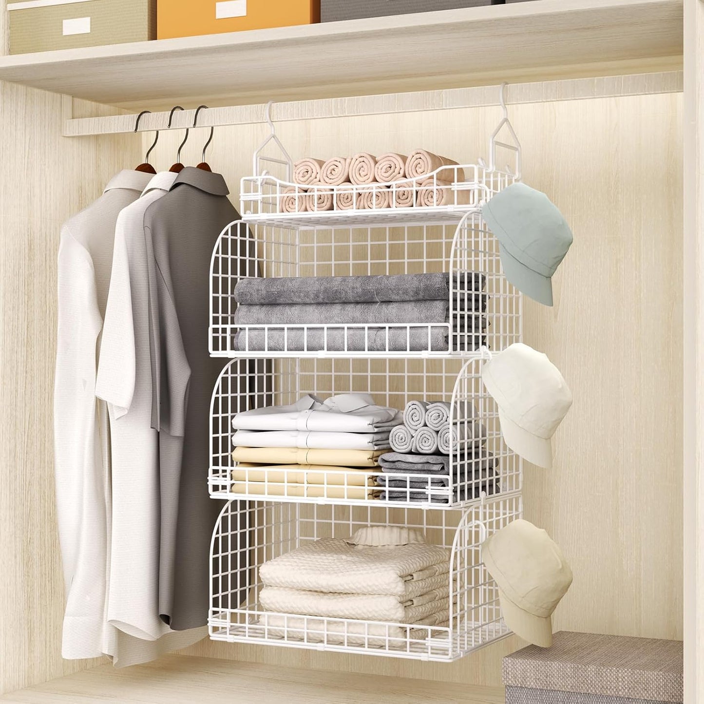 HapiRm Hanging Closet Organizer Storage - 3 Tier Metal Stackable Hanging Closet Shelves with Dividers and S Hooks, Foldable Clothes Shelves for Clothes, Pants, Shoes, Coat, Hats Clutches Accessories