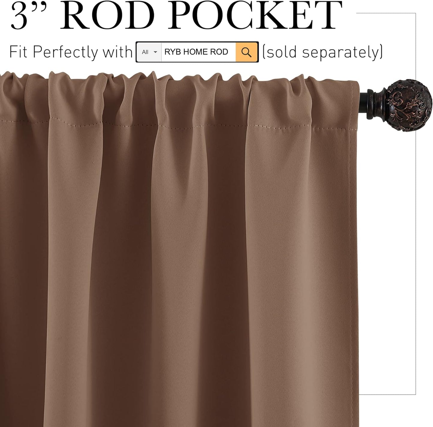 RYB HOME Bedroom Balckout Curtains - Small Window Decoration Solid Insulated Drapes Energy Efficiency Drapes for Kitchen Home Office Dining, Width 42 x Length 45 inch, Mocha, 2 Panels