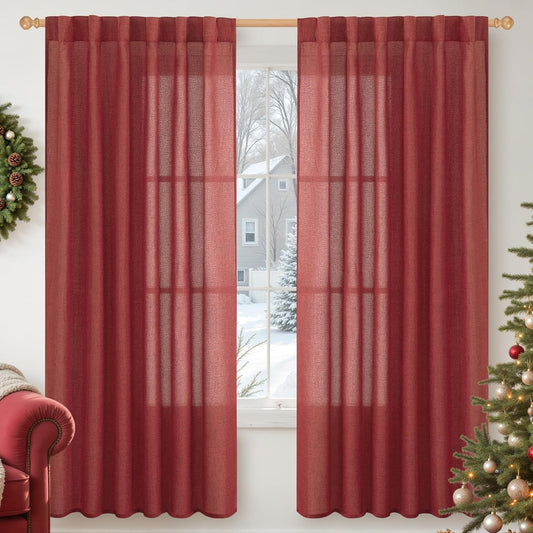 YoungsTex Red Linen Semi Sheer Curtains 72 Inch Length for Living Room - Light Filtering Drapes with Back Tab Rod Pocket Privacy for Bedroom Christmas Decor, 2 Panels, 52 X 72 Inch