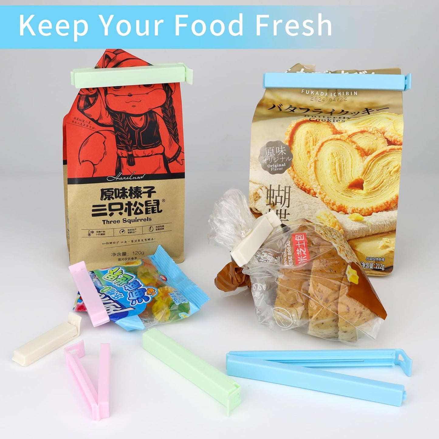 34 Packs Plastic Chip Clips for Food Storage - Resealable Sealing Clips in 4 Sizes (2.4"/3.2"/4.3"/5.5") - Light Colors