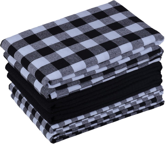 Kitchen Towels Set of 6 Soft Premium Cotton Highly Absorbent Dish Towels 18x28 Inches, Washable & Reusable Tea Towel, Quick Drying Dish Cloths with Hanging Loop - Black/White, Checks